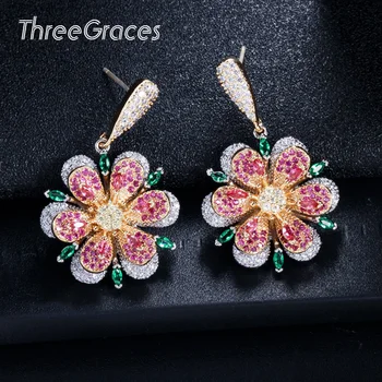 

ThreeGraces Fashion Rose Red Cubic Zirconia Setting Romantic Flower Dangle Drop Aesthetic Earrings for Ladies Jewelry ER323