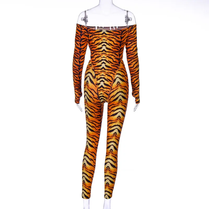 Криптографическая сексуальная открытая спина леопардовая Тигровая расцветка спортивные женские комбинезоны облегающий комплект из двух предметов с длинным рукавом модные вечерние клубная одежда