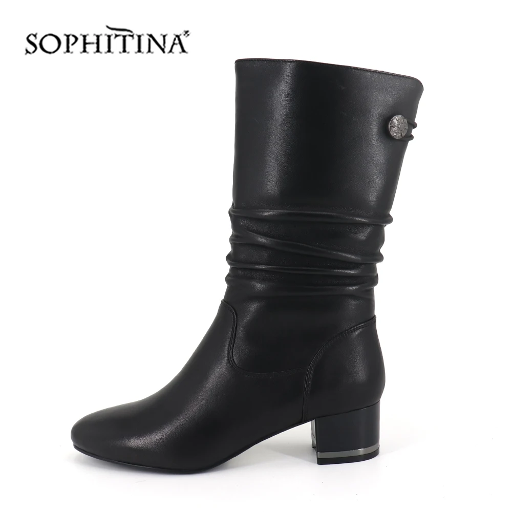 SOPHITINA/теплые женские ботинки новые высококачественные ботинки из овечьей кожи с круглым носком на квадратном каблуке ботинки до середины икры SC401