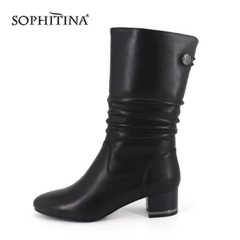 

SOPHITINA Warm Women's Boots New Metal Decoration High Quality Sheepskin Square Heel New Round Toe Shoes Mid-Calf Boots SC401