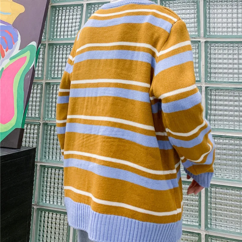 Winter New Sweater Men Warm Fashion Contrast Color Casual O-neck Sweater Pullover Street Loose Striped Sweater Male Clothes Winter New Sweater Men Warm Fashion Contrast Color Casual O-neck Sweater Pullover Street Loose Striped Sweater Male Clothes