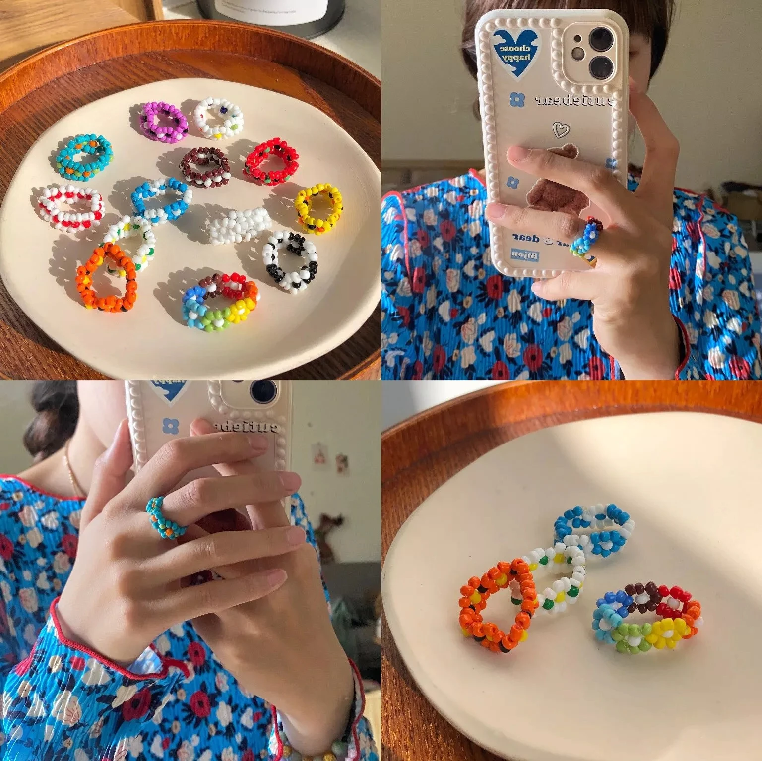 Резиновые эластичные кольца на палец с имитацией жемчуга синие белые бусины