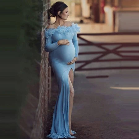 Vestidos de maternidad elegantes de sirena azul, mangas largas, cuello de barco, plumas, vestidos de sesión de fotos de embarazo, abertura lateral, elásticos _ - AliExpress Mobile