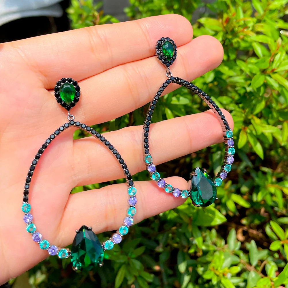 CWWZircon Green Black Cubic Zircon Stone Round Drop Big Party Earring for Women American European Designer Wedding Jewelry CZ913