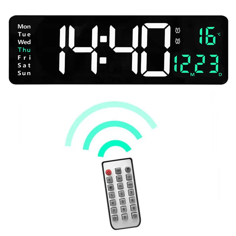 Large Digital Wall Clock Temp Date with Remote Control Power Off Memory Desktop Table Clock Wall-mounted Dual Alarms LED Clocks 