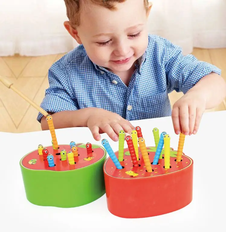 Catch Worms Game Magnetic Wooden Toys For Children Kids Early Educational Toy Baby Learning Wooden Blocks Boys Toys