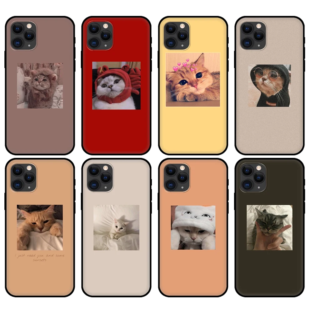 Black tpu case for iphone 5 5s se 2020 6 6s 7 8 plus x 10 XR XS 11 12 mini pro MAX back cover cute cat | Мобильные телефоны и
