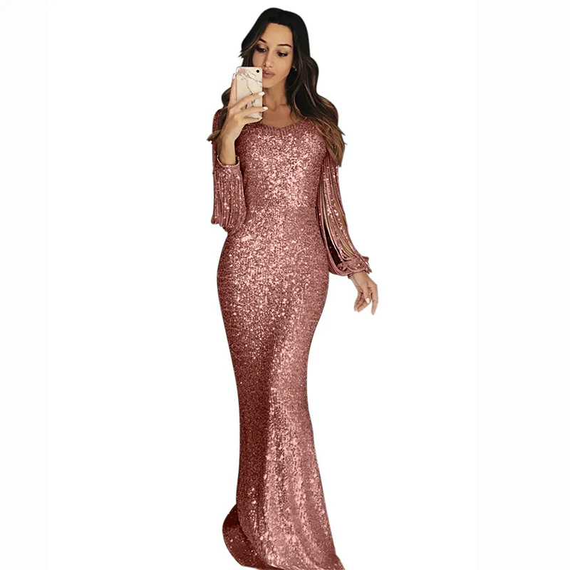 

2019 Elegant V-neck Sequin Dresses Long Evenning Gowns Party Dress Luxury ong Sleeves Rhinestone Formal Dress Femme