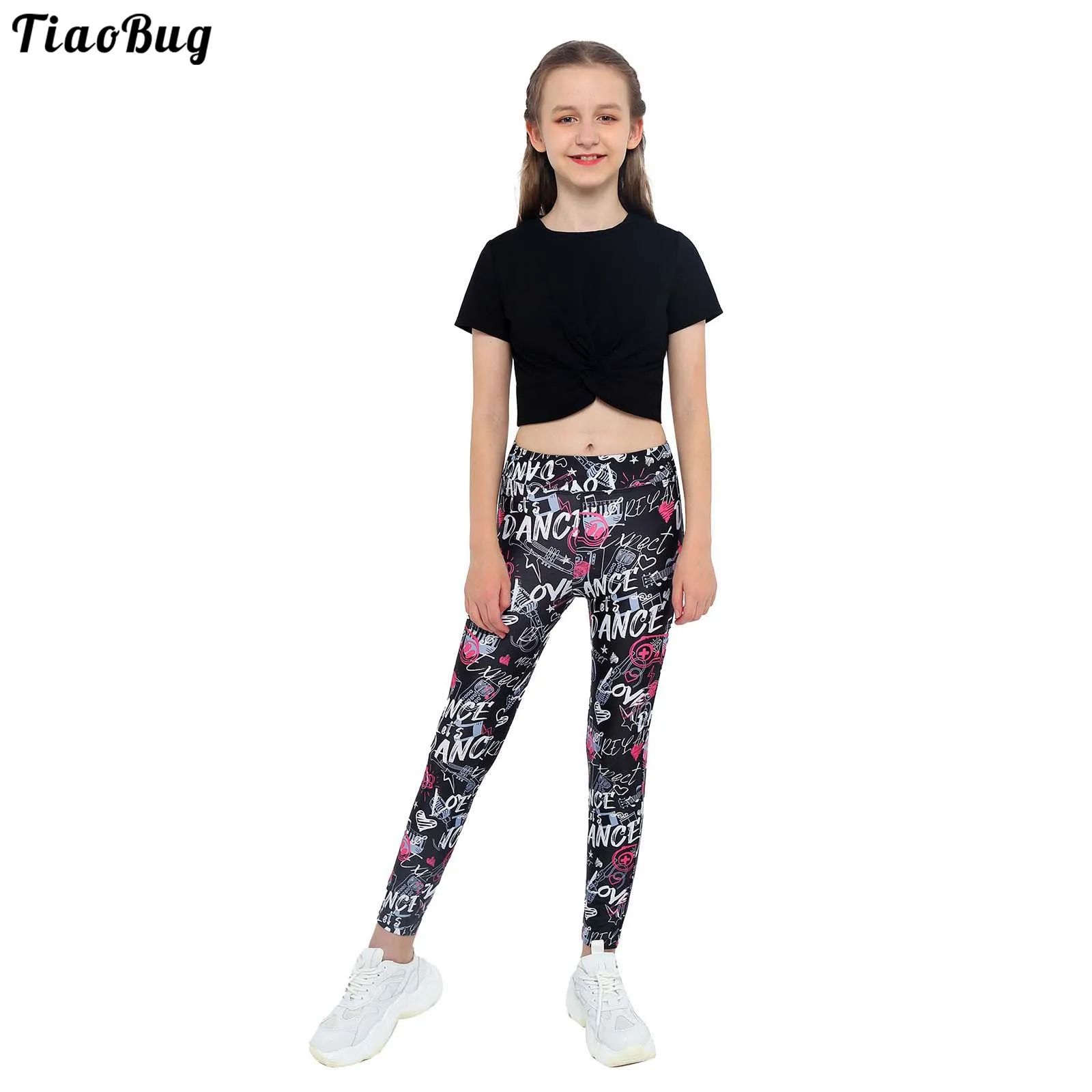 

TiaoBug Kids Girls 2Pcs Summer Yoga Sport Suits Short Sleeves Knot Blouse With High Waist Letter Printed Leggings Sets