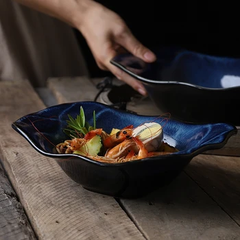 

Japanese Ceramic Kiln Wave Mouth Salad Noodle Soup Plate Home 10 Inch Shaped Snack Dessert Deep Dish Restaurant Hotel Tableware
