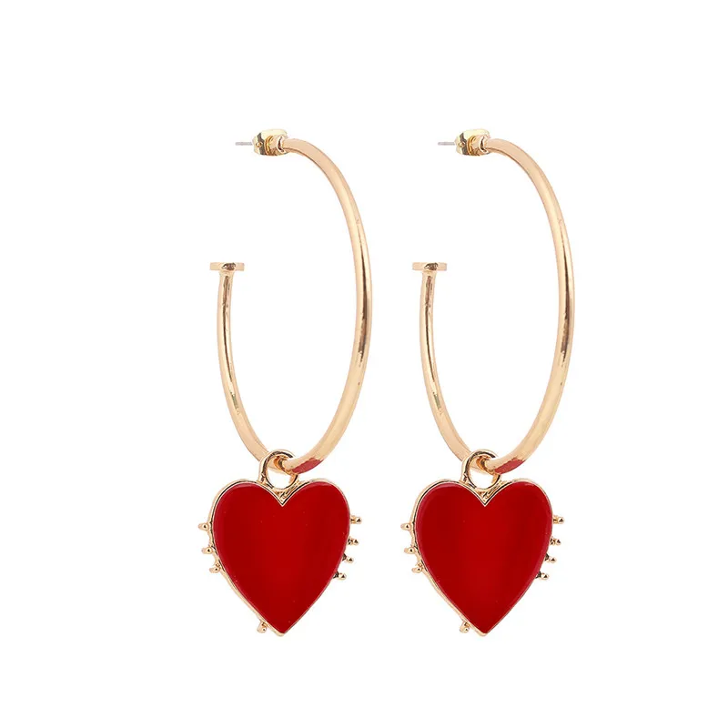Винтажные Золотые круглые большие серьги-кольца для женщин кулон в виде красного сердца гиперболические серьги модные большие кольца серьги