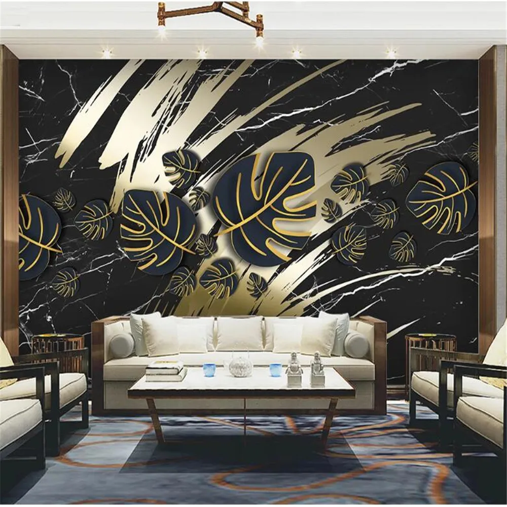 

milofi custom wallpaper mural Nordic tropical black gold leaves distinguished black marble pattern background wall