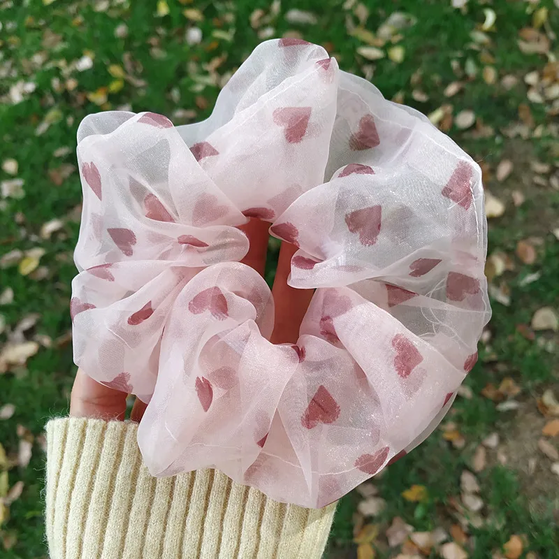 

New Heart Print Transparent Organza Fabric Hair Scrunchies Big Elegant Elastic Hair Band Vintage Hair Accessories Hair Ties