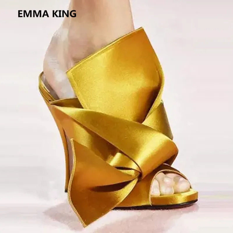 Emma king/; Роскошные Дизайнерские вечерние и свадебные тапочки с бантом; женские босоножки на высоком каблуке из шелкового атласа; женская модная обувь без задника - Цвет: yellow