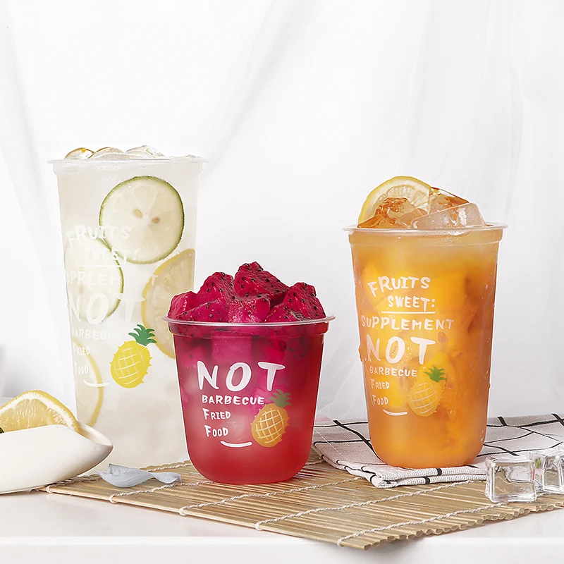 

500pcs 90 caliber u shape pearl milk tea disposable cups pineapple pattern 300ml 490ml 620ml cold drink plastic cup with lid