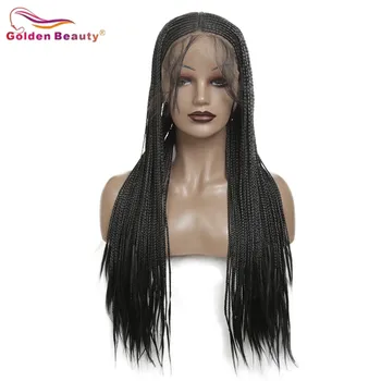 

Black Braided Wig Long Lace Front Wig Synthetic Hair Extension For Women Box Braiding Hair Wig Heat Resisant Fiber Golden Beauty