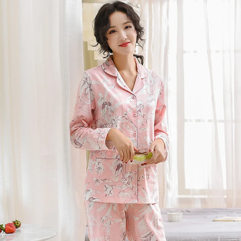 

Pajamas Women's Spring And Autumn Pure Cotton Long Sleeve Thin Plus-sized Large Size Loose-Fit Mom Cotton Tracksuit-Outer Wear S