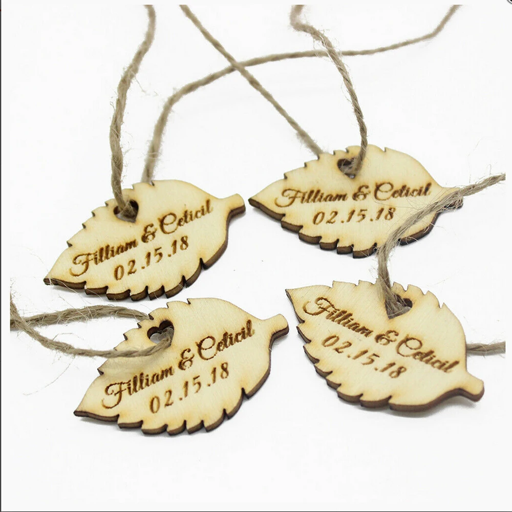 

100Pcs Custom Engraved Wooden Wedding Favour Tags Wood Leaves Tags With Jute Ribbon Birthday Party Decor Favors Gift 55x30mm