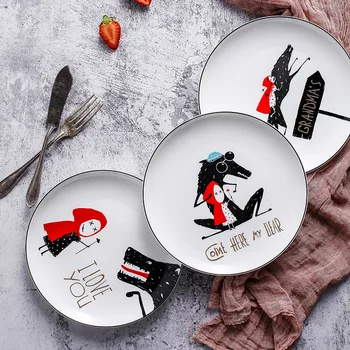 

8 inch Black edge of bone china 1pcs plate ceramic Little Red Hat Plate tableware dinner set Steak Plate Dim Sum Dinner Plates