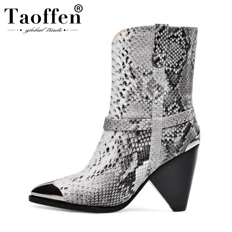 

TAOFFEN Women Real Leather Mid Calf Boots For Women Pointed Toe Footwear Winter Snakeskin Pattern Boots Women Size 33-43
