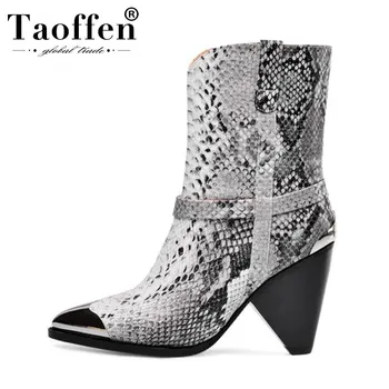 

TAOFFEN Women Real Leather Mid Calf Boots For Women Pointed Toe Footwear Winter Snakeskin Pattern Boots Women Size 33-43