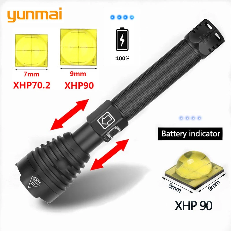 2020 Brightest Xlamp XHP90 XHP70.2 LED Flashlight Super Powerful Torch USB Lamp Zoom Torch Use 18650 26650 Rechargeable Battey f