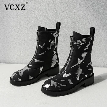 

VCXZ 2020 New women fashion soft Cowhide waterproof boot Retro zippers round toe high heel shoe Solid color girl All-match boots