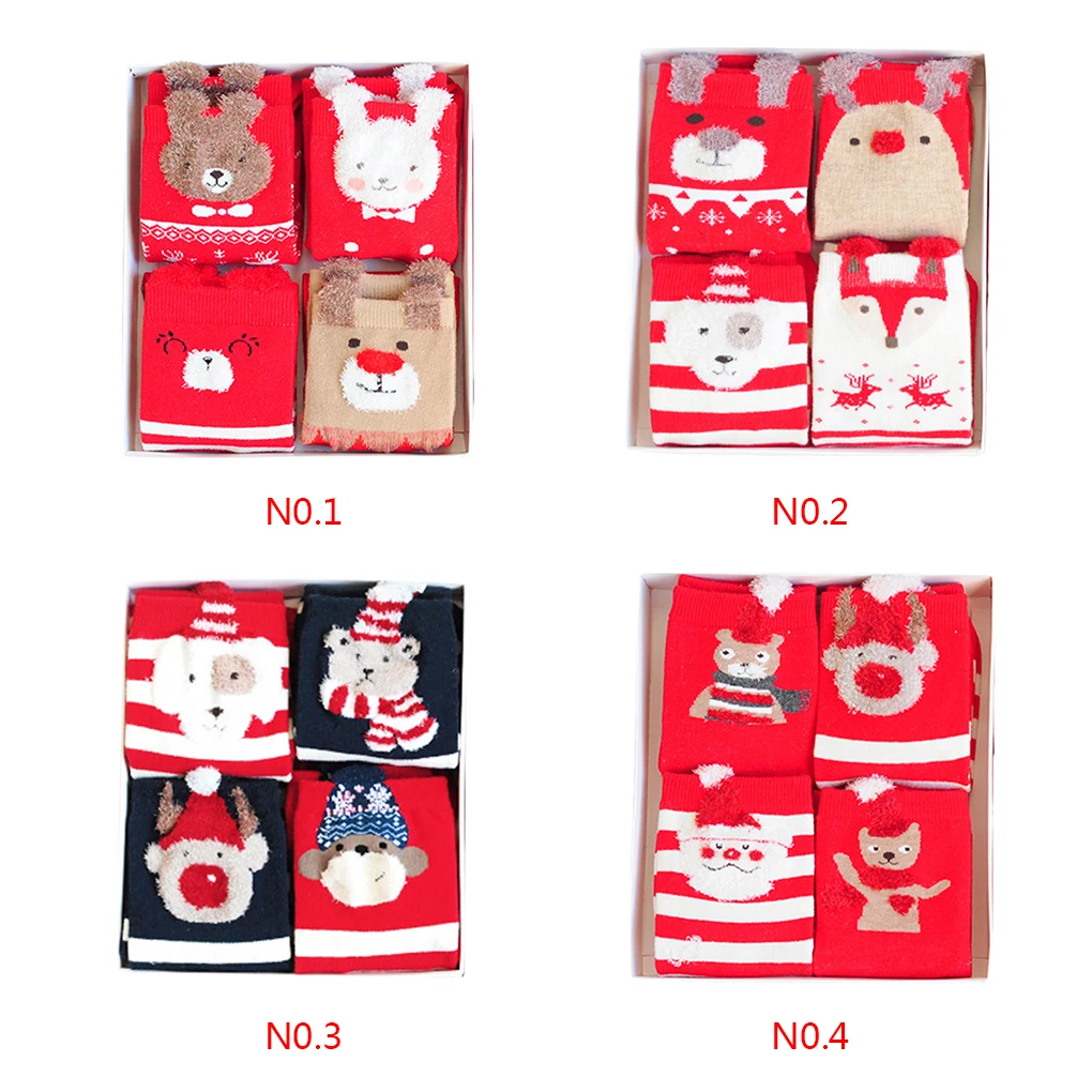 4 Pairs Cute Children Cartoon Printed Animal Socks Breathable Kids Mid Calf High Socks Christmas New Year Gift
