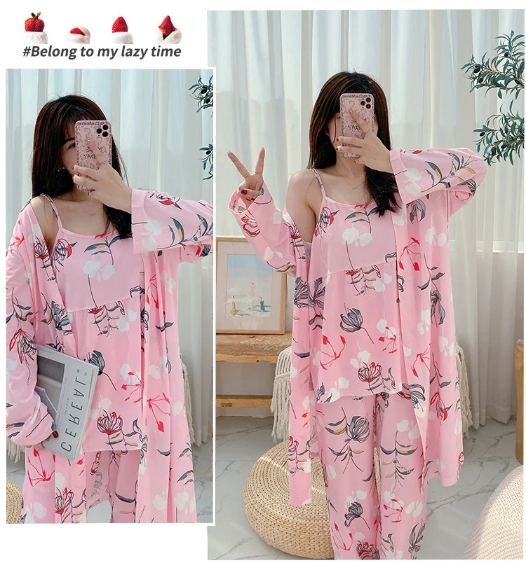 cute pajamas for women 2021 Autumn 3PCS Sexy Long Sleeve Robes Pajama Sets for Women Print Sleepwear Homewear Pijama Mujer Home Clothes Three Piece Set cute pjs