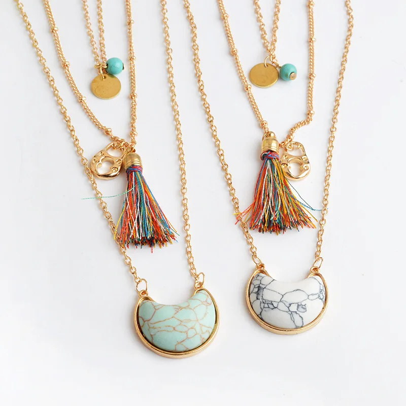 

Europe And America Moon Turquoise Color Tassels Pendant Multilayer Long Sweater Necklace Women's Bohemian Ethnic-Style Accessori