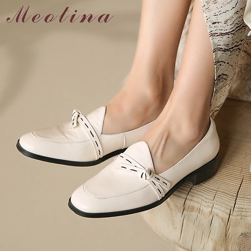 

Meotina Women Loafers Shoes Natural Genuine Leather Shoes Round Toe Flat Bow Causal Ladies Footwear Spring Autumn Beige Brown 40