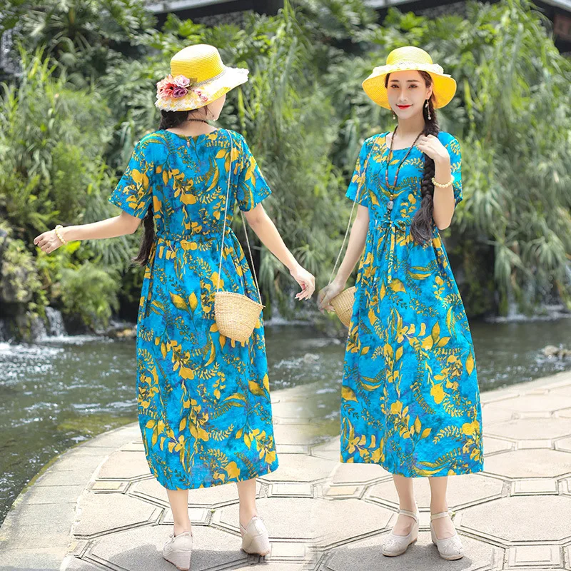 

Photo Shoot 9667 New Style WOMEN'S Dress National Wind Skirt Cotton Linen Printed Crew Neck Dress Corset Loose-Fit Slimming Long