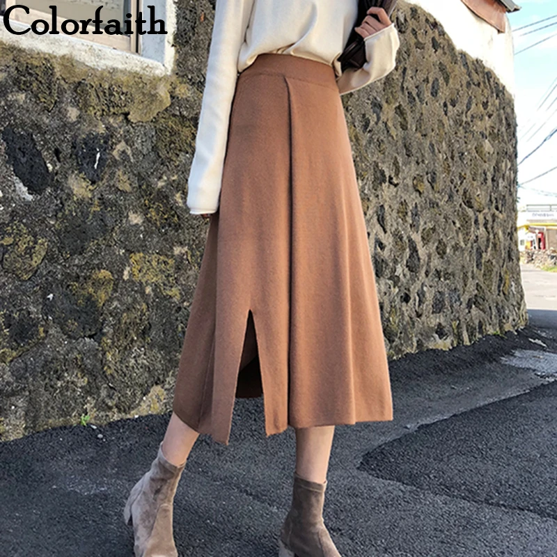 Женская трикотажная юбка до середины икры Colorfaith Однотонная трапециевидной формы