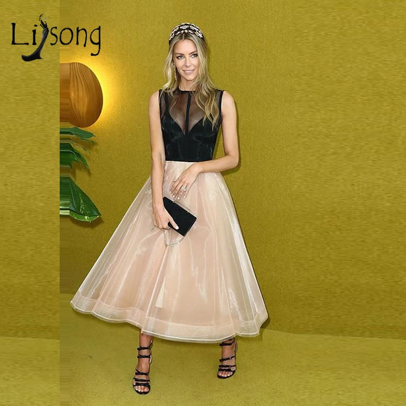 

Fashion 2019 Black With Champagne Ankle Length Cocktail Dresses A-line Pretty Prom Gowns Simple Party Dress