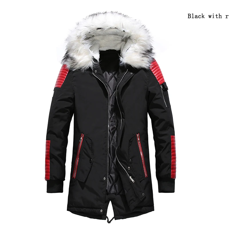 Black Red Мужские флисовые парки с капюшоном, повседневные зимние теплые длинные куртки, пальто, модные хлопковые пальто с длинными рукавами, высокое качество, мужская верхняя одежда - Цвет: Black Red