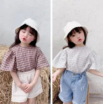 

2020 New Girls Plaid Shirt Short Sleeve Summer Cotton Linen Fashion Kids Top 1-6t QA882