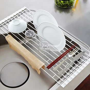 

Fruits Vegetables Collapsible Sink Draining Rack Filter Mat Bowls Dishes Kitchen Holder Durable Shelf in Black White 2 Sizes S1K