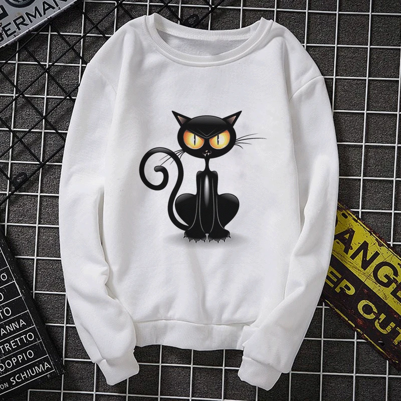  Brand New Winter Harajuku Fashion Funny Black Cat Casual Hoodies Korean Style Hoody Tops Print Long