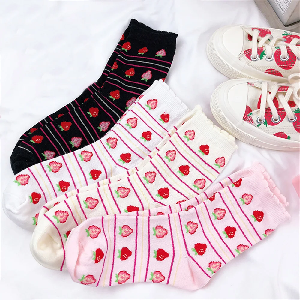 Милые милые носки до щиколотки с рисунком клубники Kawaii без пятки средней длины