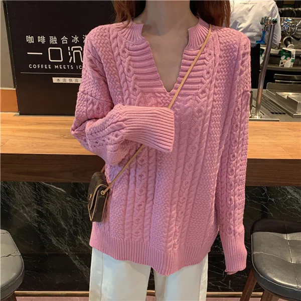 Чужой Kitty 6 цветов на осень и весну, свитер Для женщин однотонный вязаный свитер, пуловеры, топы с длинными рукавами с v-образным вырезом Базовая офисная одежда - Цвет: pink