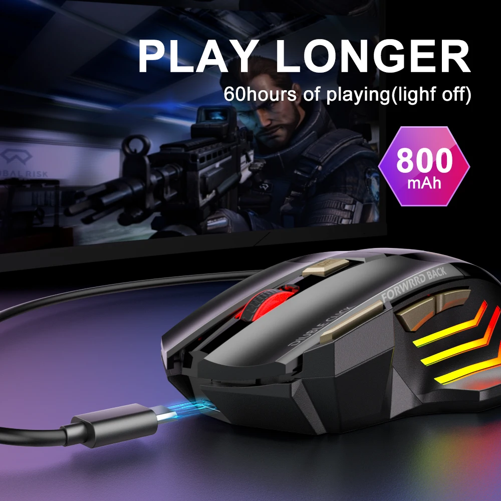 Recargable ratón inalámbrico ratón de ordenador jugador ergonómico ratón de juego USB ratones silenciosos con retroiluminación RGB Mause para PC portátil - Imagen 4