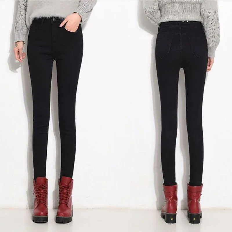 Winter high waist jeans women Thick warm stretch skinny pencil pants Female Simple casual black plus size trousers