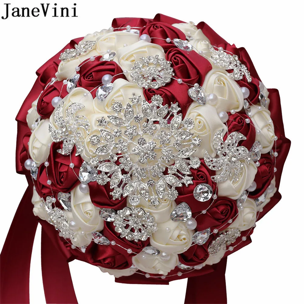 JaneVini Silver Crystals Bridesmaids Bouquet Burgundy Royal Blue Purple Ivory Satin Roses Wedding Flowers Bridal Bouquets Fleur