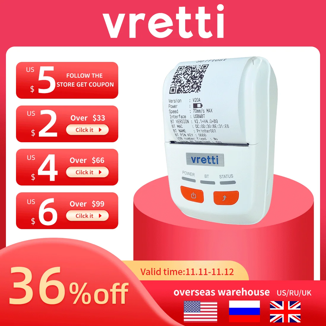 Чековый принтер Vretti P501A 70 мм/секция USB bluetooth порт для windows/ios/android Поддержка