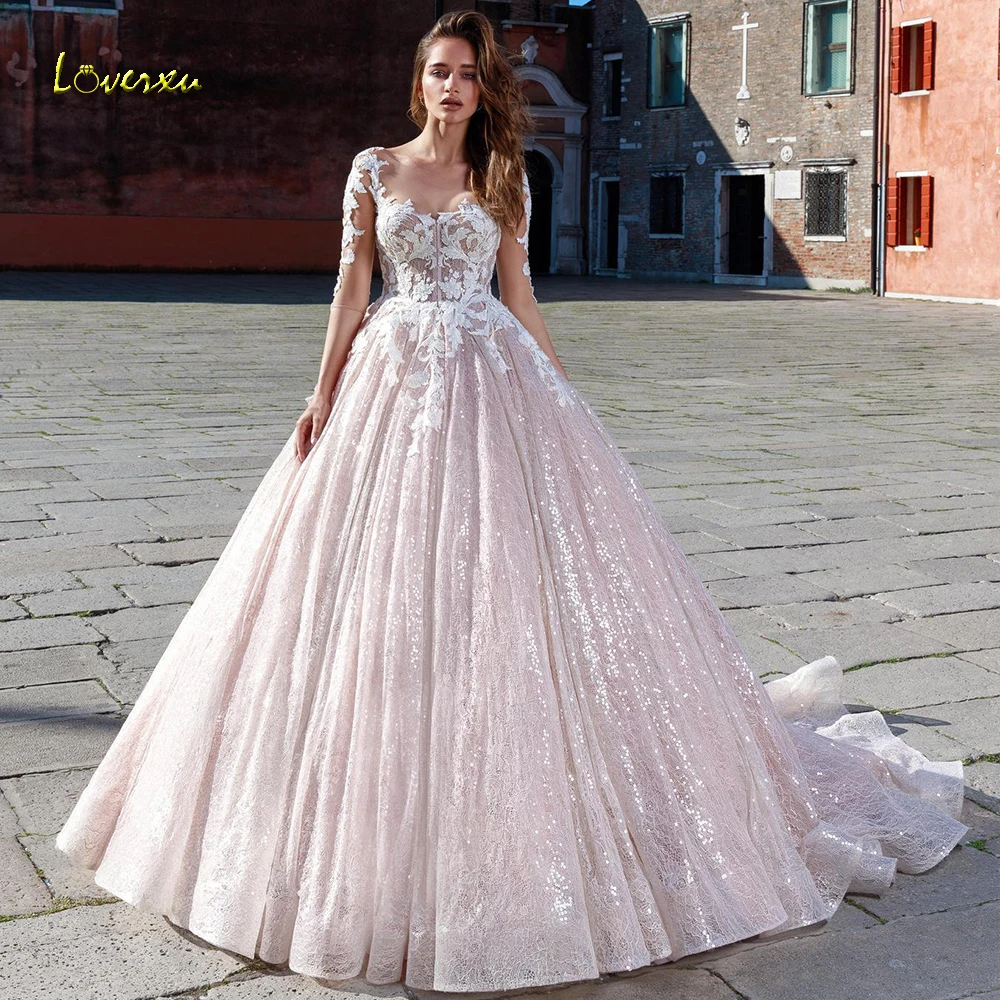 

Loverxu Illusion Scoop Ball Gown Wedding Dresses 2019 Applique Half Sleeve Button Bride Dress Chapel Train Bridal Gown Plus Size