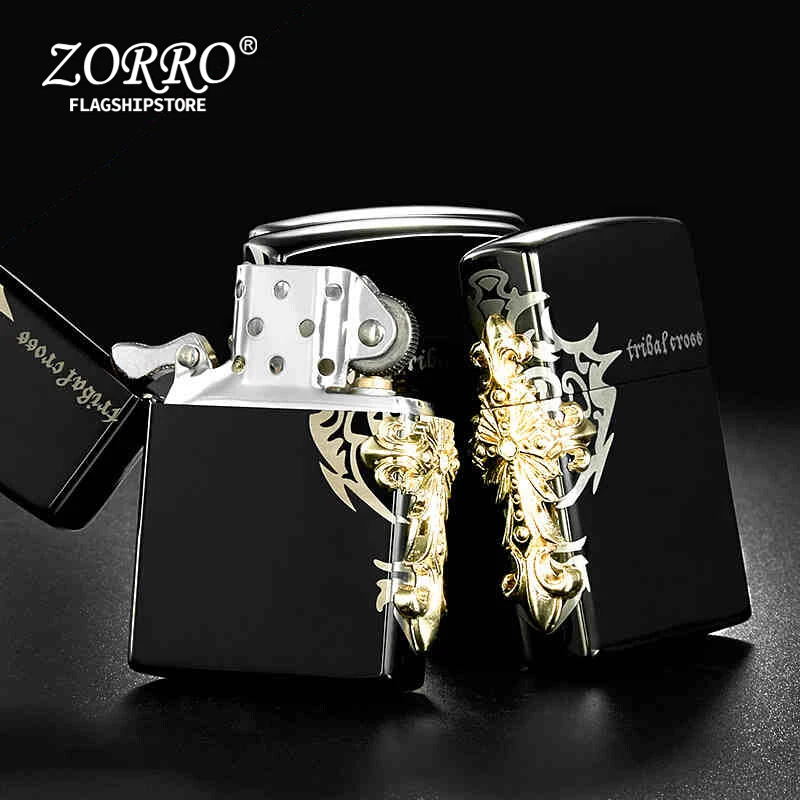 

Lighters Zorro Kerosene Wind-proof Lighter Ancient Silver Side Cross Personality Creative Men's Lighter Gifts To Boys