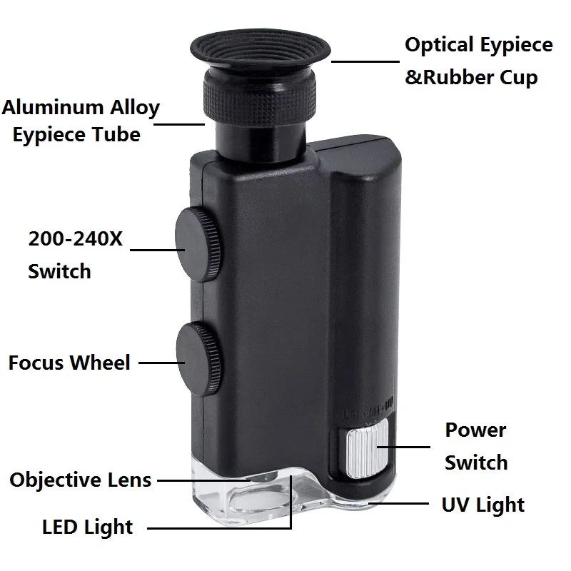 Mini Handheld Microscope 200X-240X Portable Microscope with LED Light UV Lamp Loupe Zoom Magnifier Wide Angle Jewelry Microscope