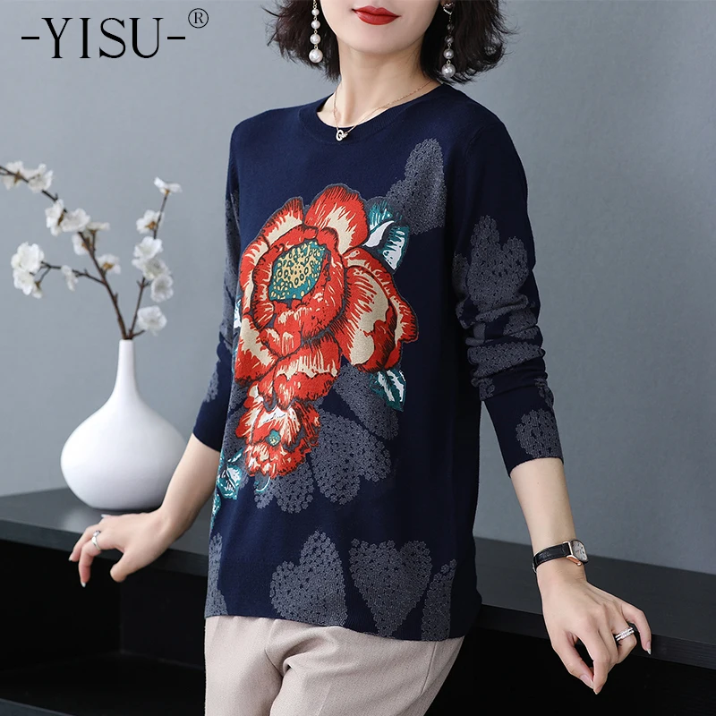 

YISU Printed sweater Women Pullover 2019 Autumn Winter Long sleeve O neck Overlord flower Printed pattern sweater Women