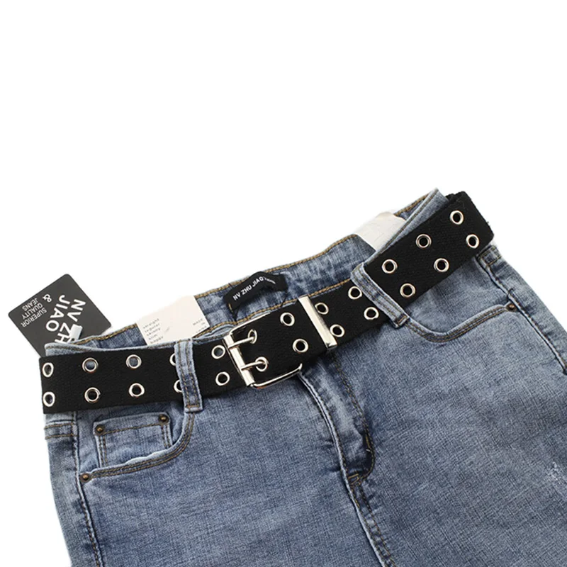 Women Studded Grommet Hole 2 Row Pin Buckle Canvas Nylon Belt Waistband 