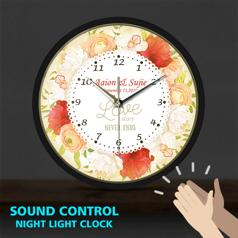 True Love Story Never Ends Custom Name Married Date Metal Frame Led Wall Clock Sound Control Personalized Wedding Gift Home Deco Wall Clocks Aliexpress